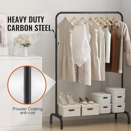 Lukzer Metal Garment Stand with Bottom Shelf – Sturdy Clothing Rack (Model: MGS-001, Gold/Black/White)