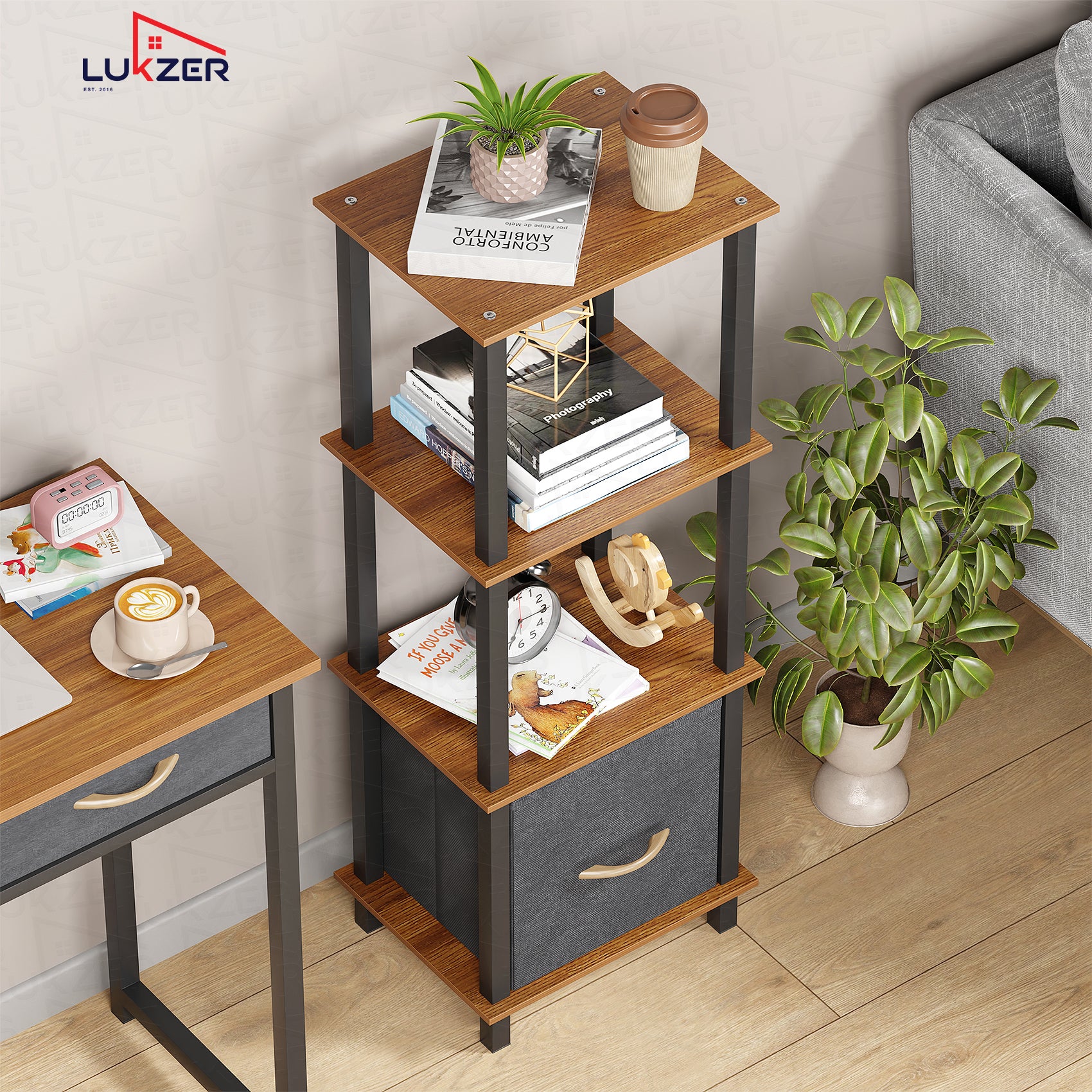 Lukzer Multipurpose Storage Rack – Metal Frame with Fabric Drawers (White/Oak Brown/Wenge, Model: MR-024)