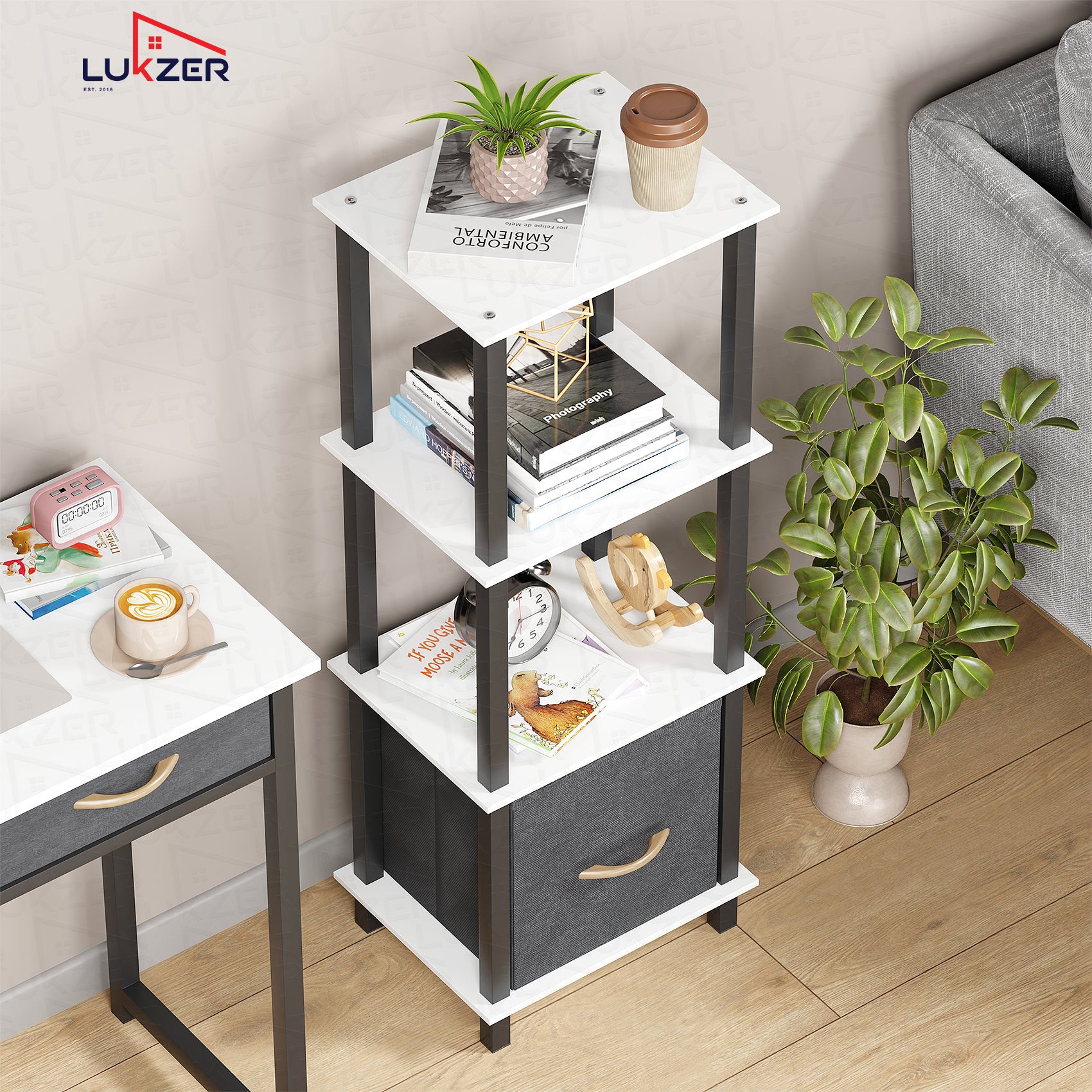 Lukzer Multipurpose Storage Rack – Metal Frame with Fabric Drawers (White/Oak Brown/Wenge, Model: MR-024)