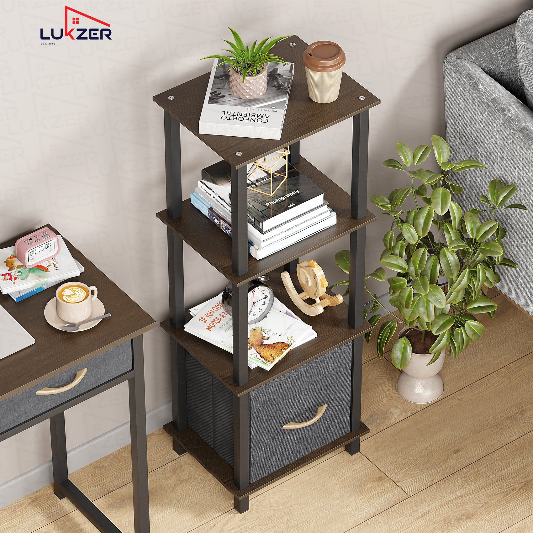 Lukzer Multipurpose Storage Rack – Metal Frame with Fabric Drawers (White/Oak Brown/Wenge, Model: MR-024)