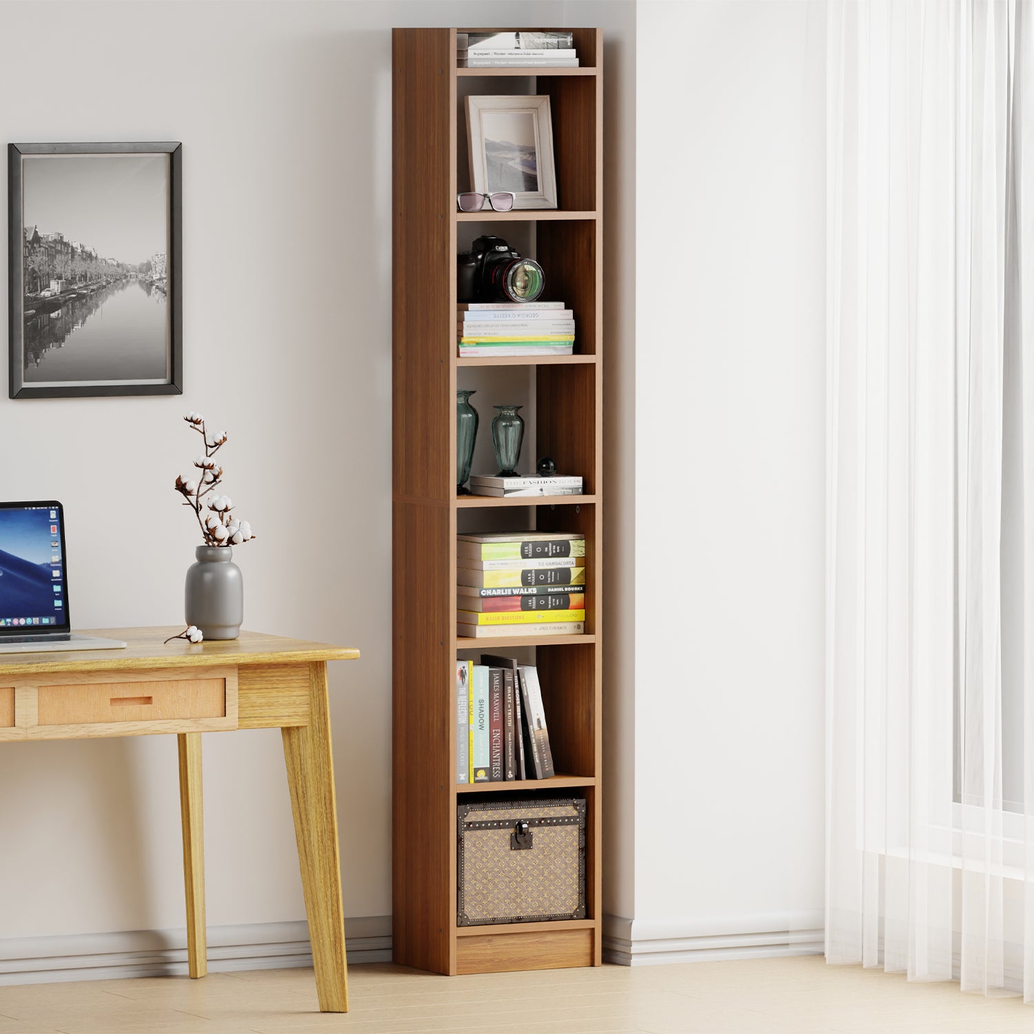 Lukzer 6-Layer Open Bookshelf &amp; Display Rack – Engineered Wood, White, Wenge, Oak, Brown, Light Oak, Lava, Mist, Charcoal, Ember (MR-005)