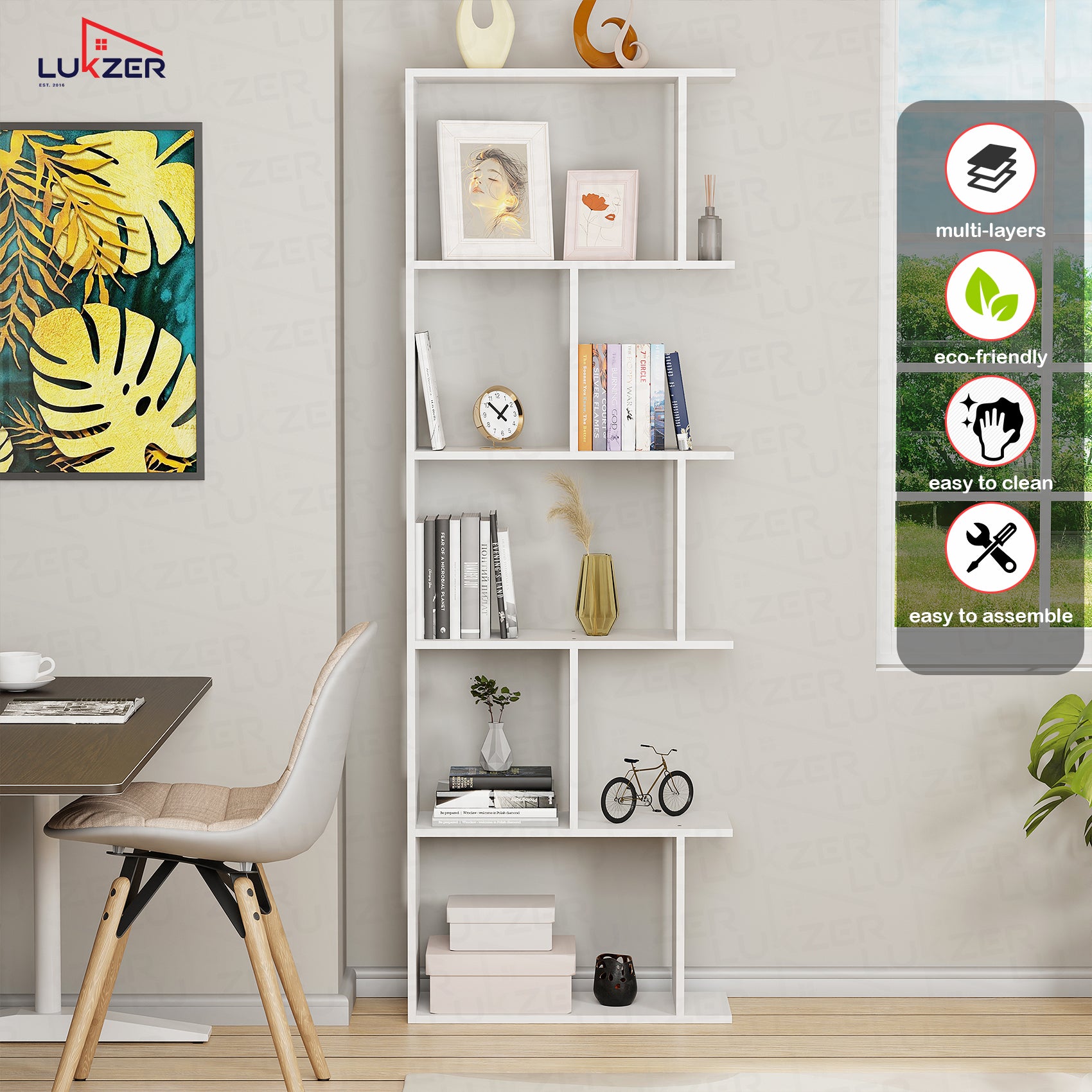 Lukzer Engineered Wood 5-Tier Storage Shelf – Minimalist Bookshelf (MR-018) | Oak Brown, Wenge, White