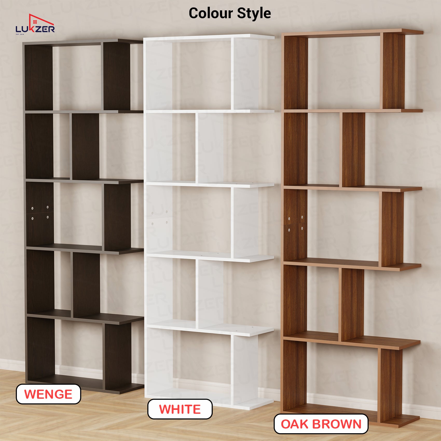 Lukzer Engineered Wood 5-Tier Storage Shelf – Minimalist Bookshelf (MR-018) | Oak Brown, Wenge, White