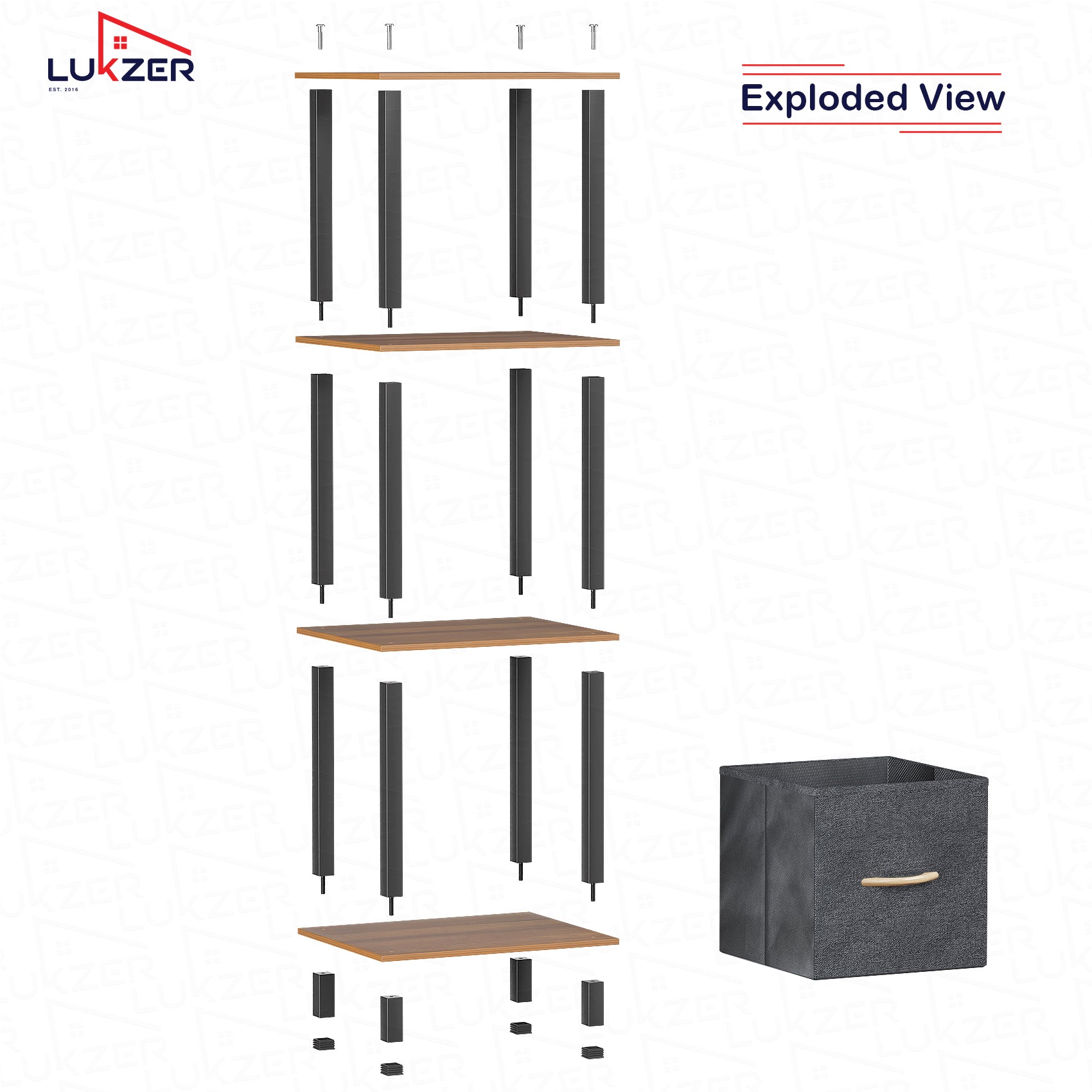 Lukzer Multipurpose Storage Rack – Metal Frame with Fabric Drawers (White/Oak Brown/Wenge, Model: MR-024)
