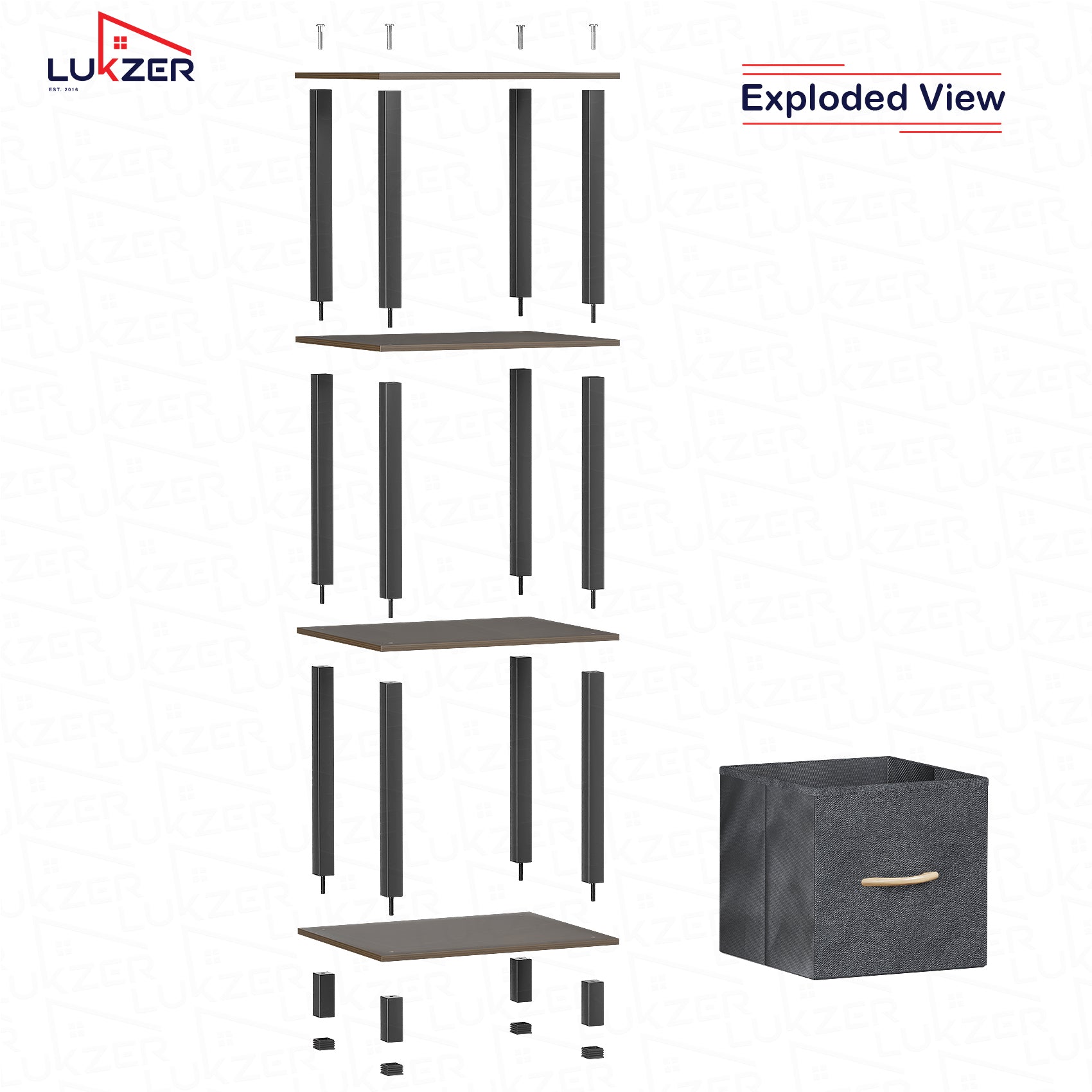 Lukzer Multipurpose Storage Rack – Metal Frame with Fabric Drawers (White/Oak Brown/Wenge, Model: MR-024)