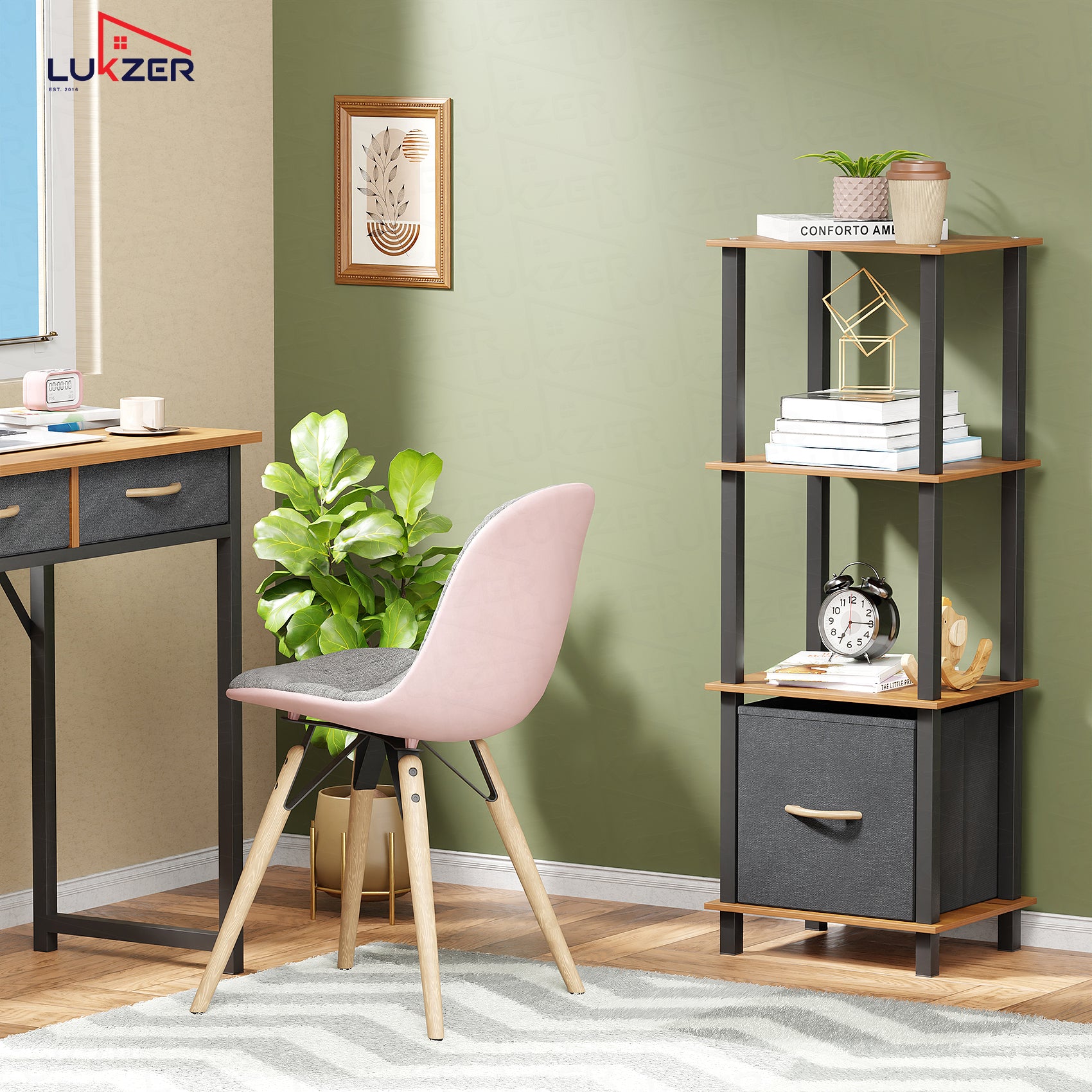Lukzer Multipurpose Storage Rack – Metal Frame with Fabric Drawers (White/Oak Brown/Wenge, Model: MR-024)