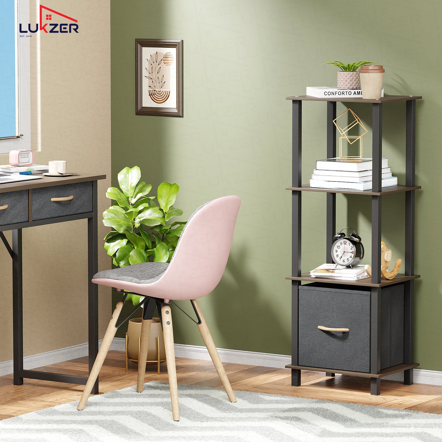 Lukzer Multipurpose Storage Rack – Metal Frame with Fabric Drawers (White/Oak Brown/Wenge, Model: MR-024)