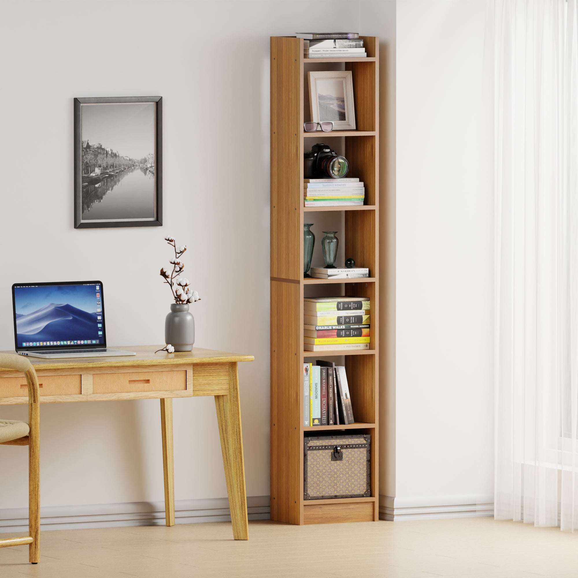 Lukzer 6-Layer Open Bookshelf &amp; Display Rack – Engineered Wood, White, Wenge, Oak, Brown, Light Oak, Lava, Mist, Charcoal, Ember (MR-005)
