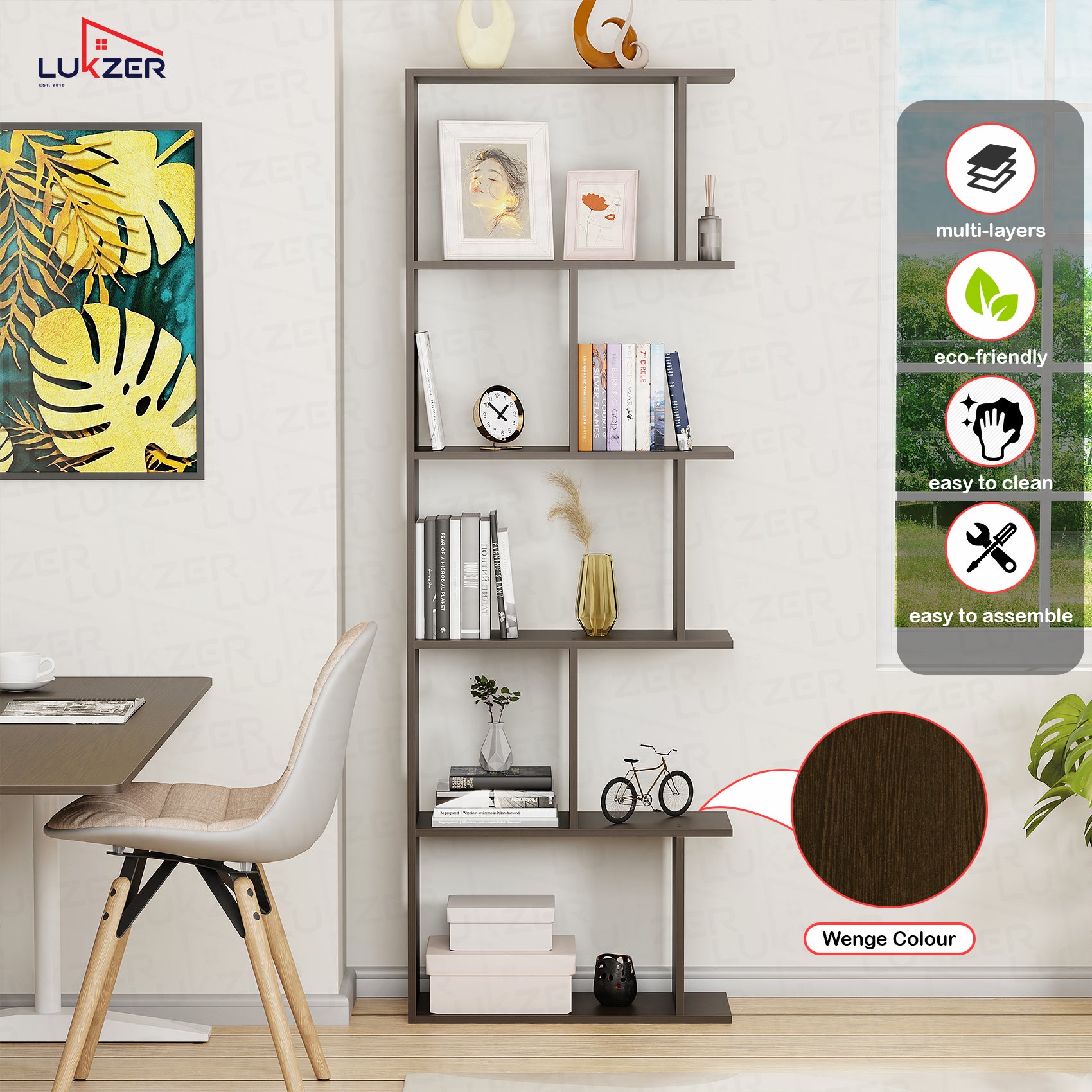 Lukzer Engineered Wood 5-Tier Storage Shelf – Minimalist Bookshelf (MR-018) | Oak Brown, Wenge, White