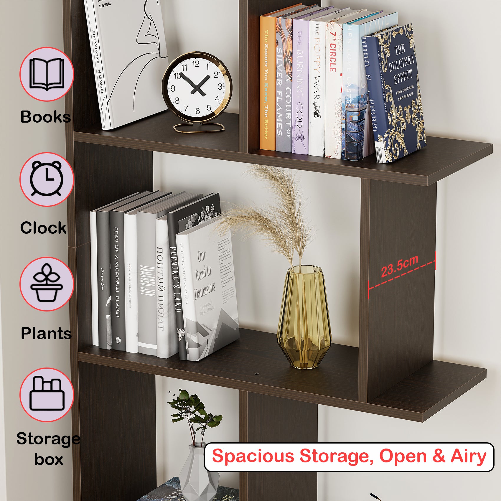 Lukzer Engineered Wood 5-Tier Storage Shelf – Minimalist Bookshelf (MR-018) | Oak Brown, Wenge, White